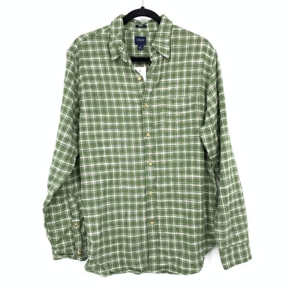 J. Crew Factory Button Front Twill Shirt Mens Sz M Flannel Green White Plaid NEW - Picture 1 of 7